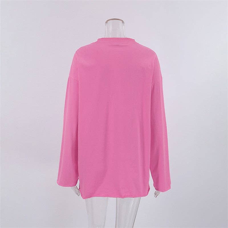 CANDY PINK Solid Color Loose Round Neck Long Sleeve Tshirt for wholesale on Faire7