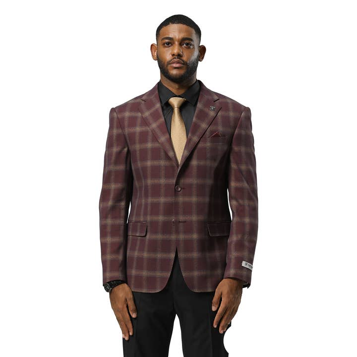 Stacy Adams 2-Tone Plaid Notch Lapel Blazer Jacket, Burgundy for wholesale by Suits America