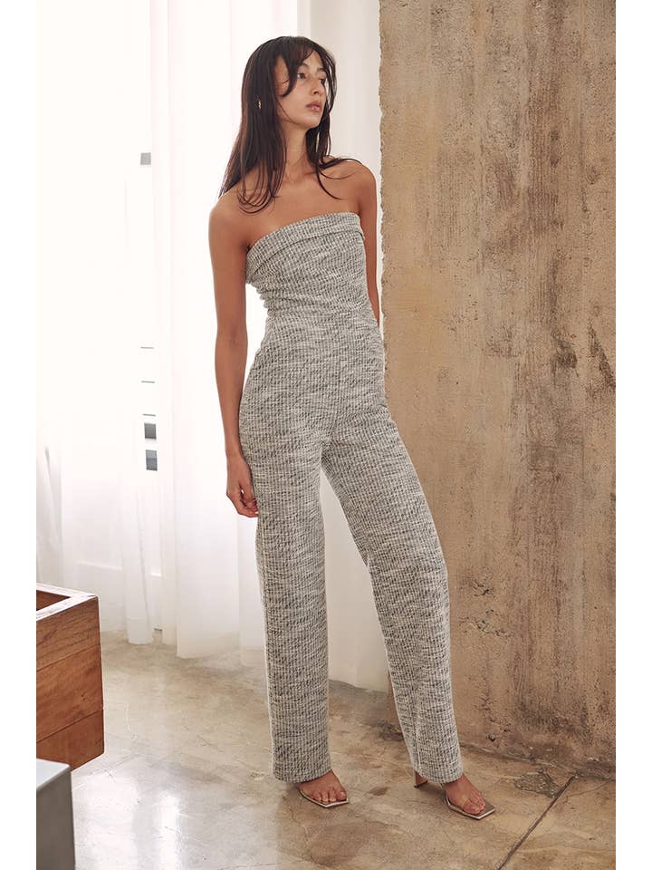 GREY WHITE STRETCHY TWEED STRAPLESS WIDE LEG JUMPSUIT-PI6522FO for wholesale on Faire