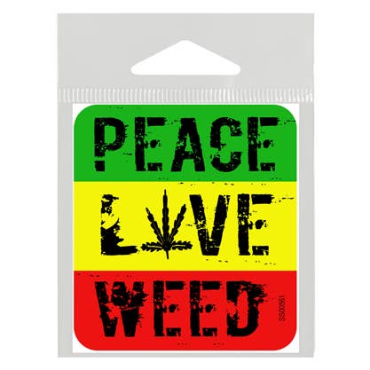 SJT Enterprises, Inc. – wholesale Sticker – Peace, Love, Weed. - Green, Yellow and Red bkgd sticker.