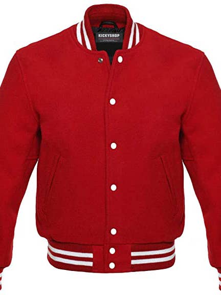 Melton Wool Varsity Jacket Letterman Jacket, Red for wholesale by Kicky Imports LLC