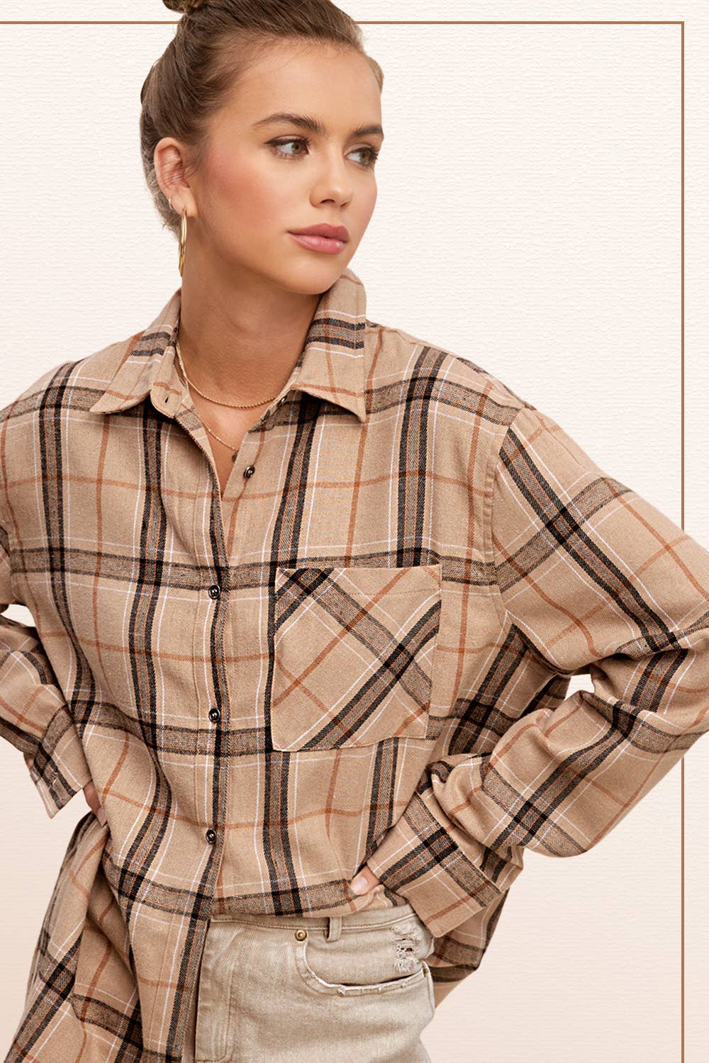 La Miel - Wholesale Button Down Shirt - Women's - SRT1312-Loose Fit Button Down Soft Fabric Plaid Shirts2