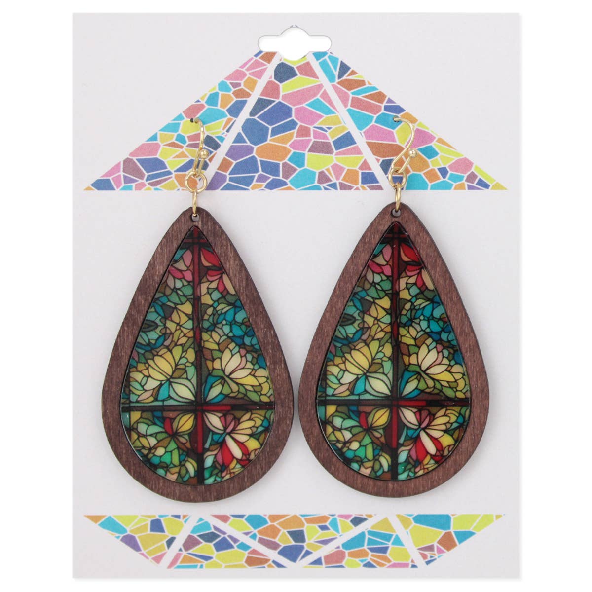ZAD - Wholesale Dangle Earrings - Yellow Flower Stained Glass Print Wood Earrings1
