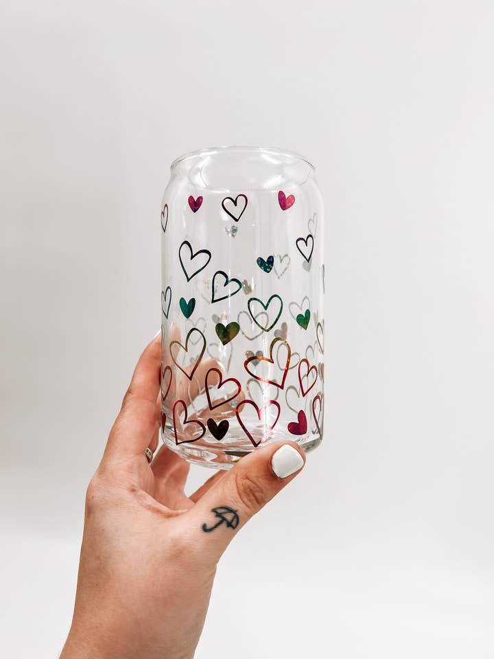 Rainbow Hearts Glass Can for wholesale by Ellie Jade Co