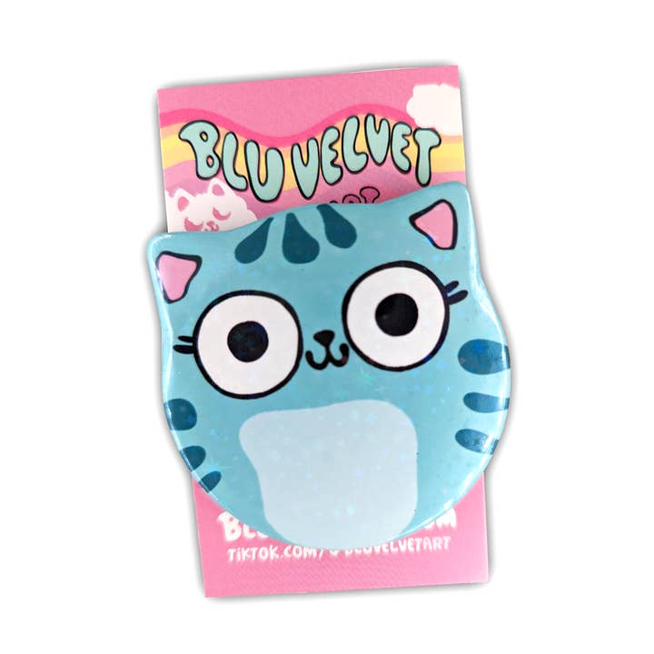 Cat Ear Button - Sparkly Little Blu Cat with Holo Stars Pinback Button for wholesale by BluVelvetArt