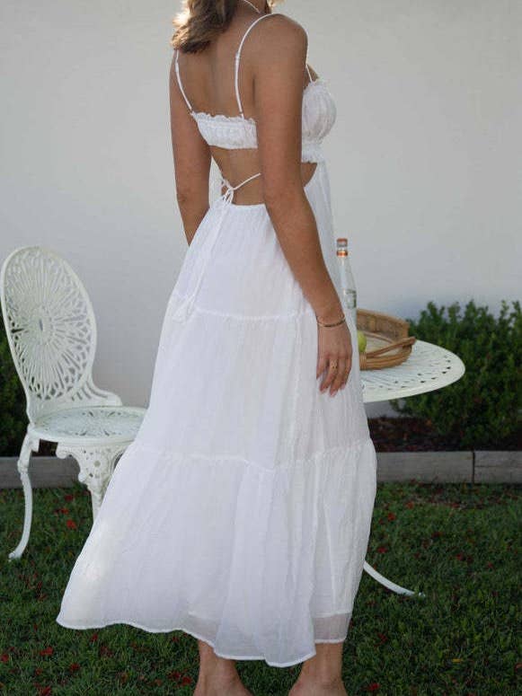 Rosa Clothing - Wholesale Dress - Women's - solid bandeau strap backless swing maxi tiered dress