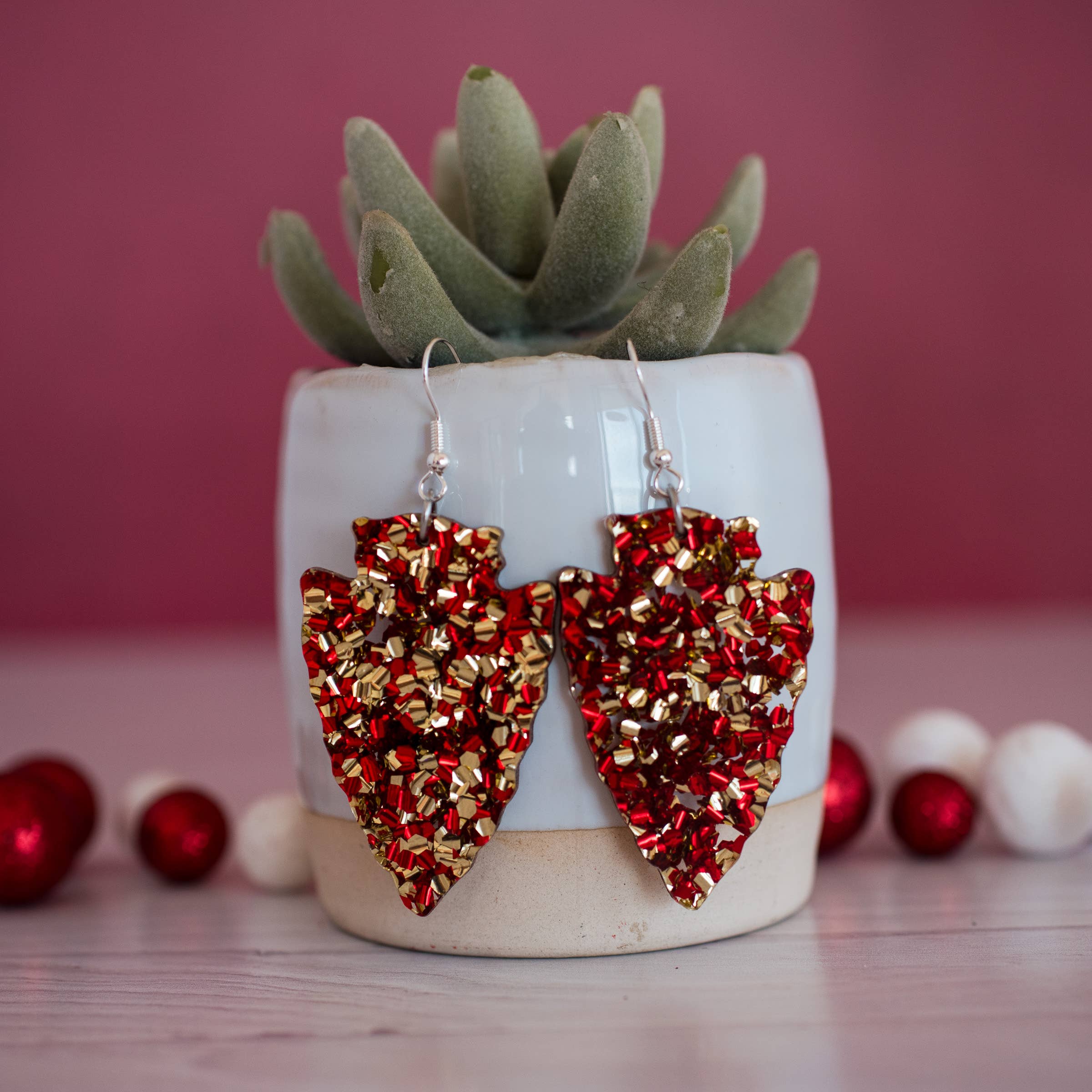 Stellar Gifts & Goods Wholesale - Wholesale Dangle Earrings - KC Football - Large Chunky Glitter Arrowhead Dangles Red Gol1