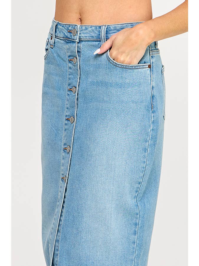 ♡20% OFF♡ BUTTON-DOWN COMFORT MAXI SKIRT IN MEDIUM LIGHT for wholesale on Faire