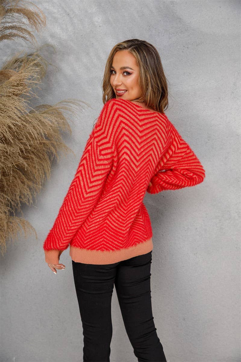 NINEXIS - Wholesale Knit Sweater - Women's - CWOSWL1707_V-neck Long Sleeve Striped Pullover Sweater6