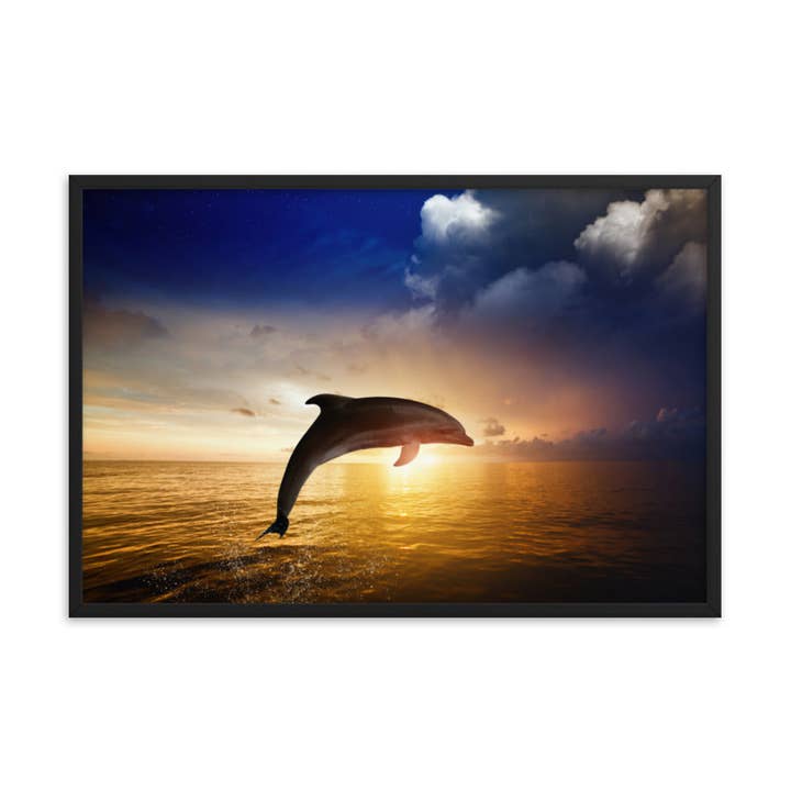 Drammatico tramonto costiero con delfini, arte incorniciata per la vendita all'ingrosso da parte di Pipa Wall Art & Home Decor