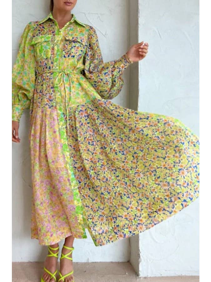 Yellow multi Floral long sleeve maxi dress for wholesale on Faire