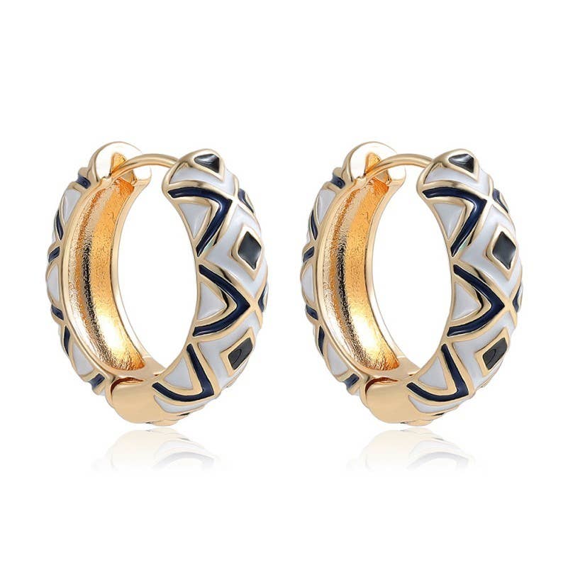 JOSSLYN by wall to wall - Wholesale Hoop Earrings - VINTAGE CLOISONNE AZTEC HUGGIE HOOP EARRINGS | 40E4291