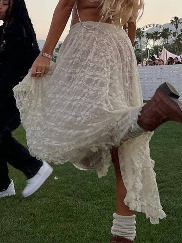 WHITE Sheer Lace Asymmetrical Midi Skirt for wholesale on Faire6