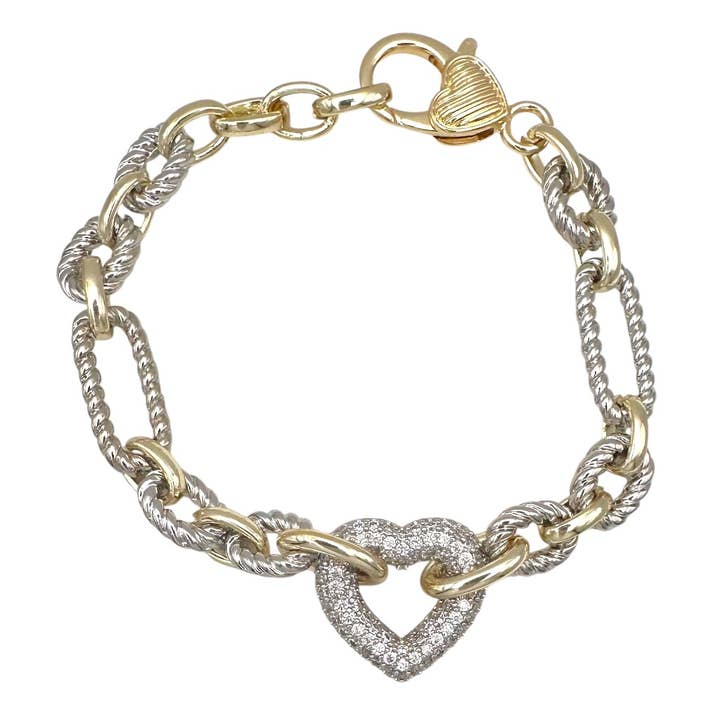 B25184 CZ Corazón Pulsera de Eslabones de Cable Chapada en Oro 2T para venta al por mayor de Pretty Persuasions