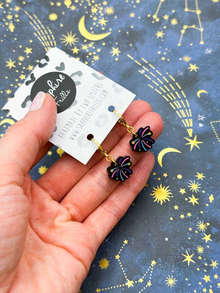 Small Black Gloss Firework Acrylic 1cm Hoop Dangle Earrings for wholesale by Sapphire Frills Ltd