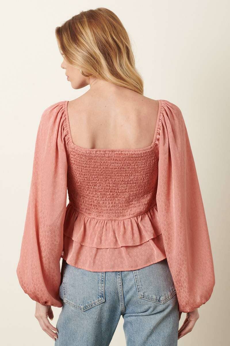 mittoshop - Wholesale Blouse - Women's - H14432A-FLOWER JACQUARD SMOCKING BODICE BLOUSE3