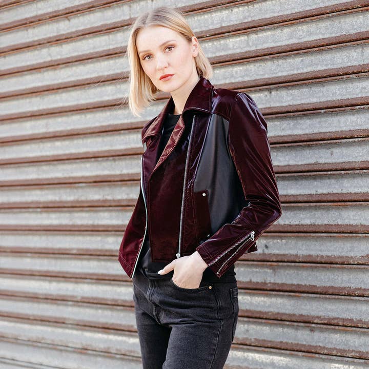 Clara Sunwoo - Wholesale Leather Jacket - Women's - JK225H -Vinyl, Liquid Leather ™ Panel Zip Cuff Pocket Jacket7