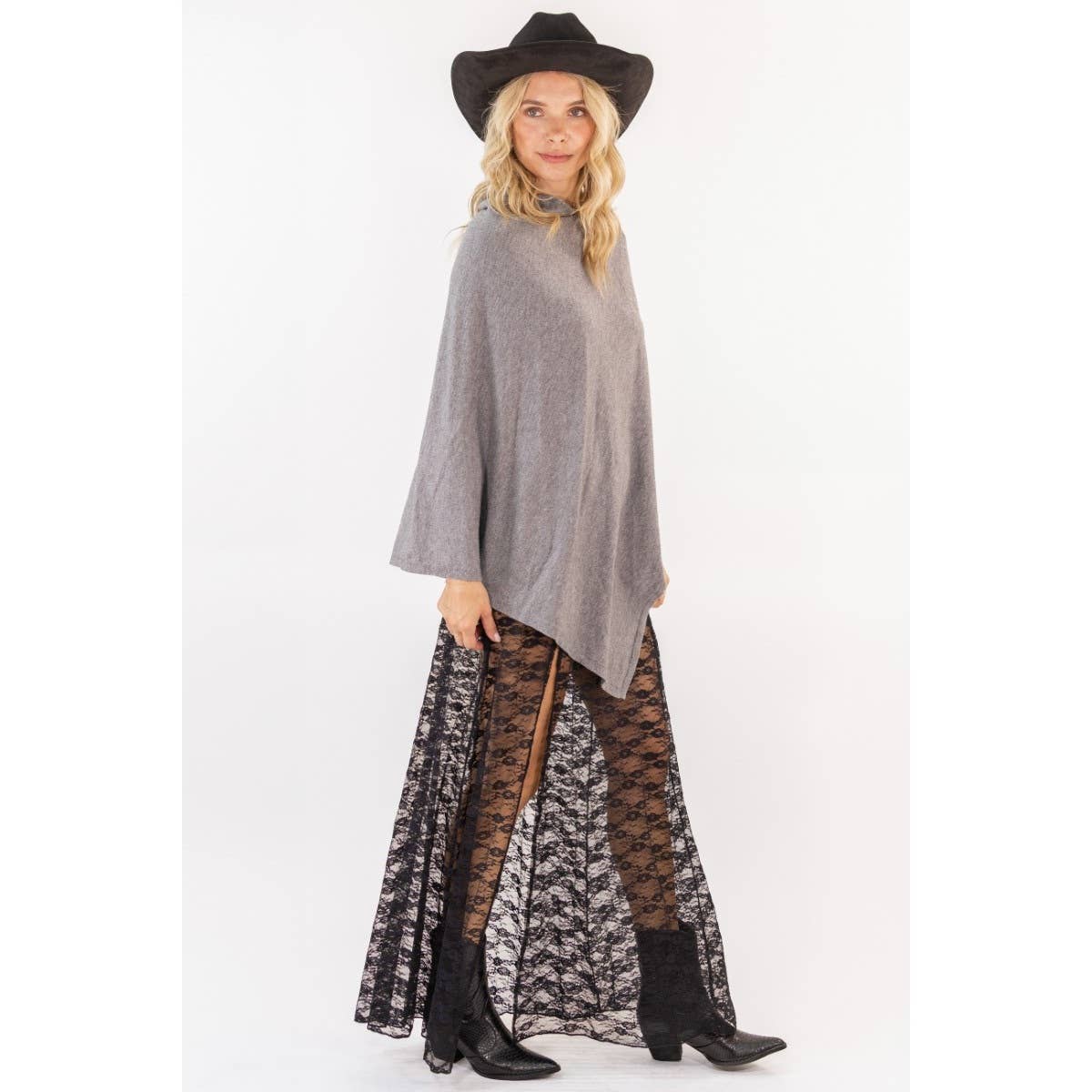 Grey TRIANGLE FUNNEL NECK SWEATER PONCHO_78T2877 for wholesale on Faire5