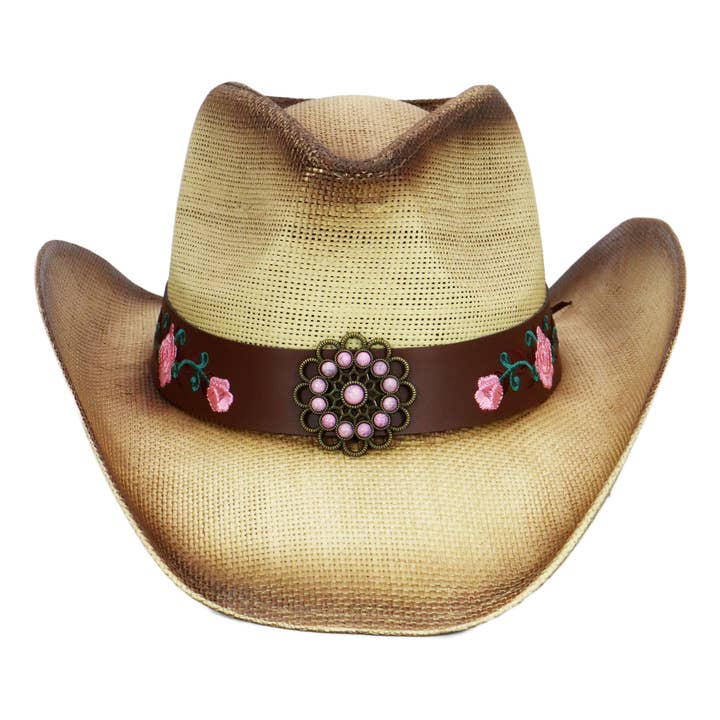 Cap Zone - Wholesale Cowboy Hat - Women's - Pink Rose Concho Belt Ombre Straw Cowboy Hat