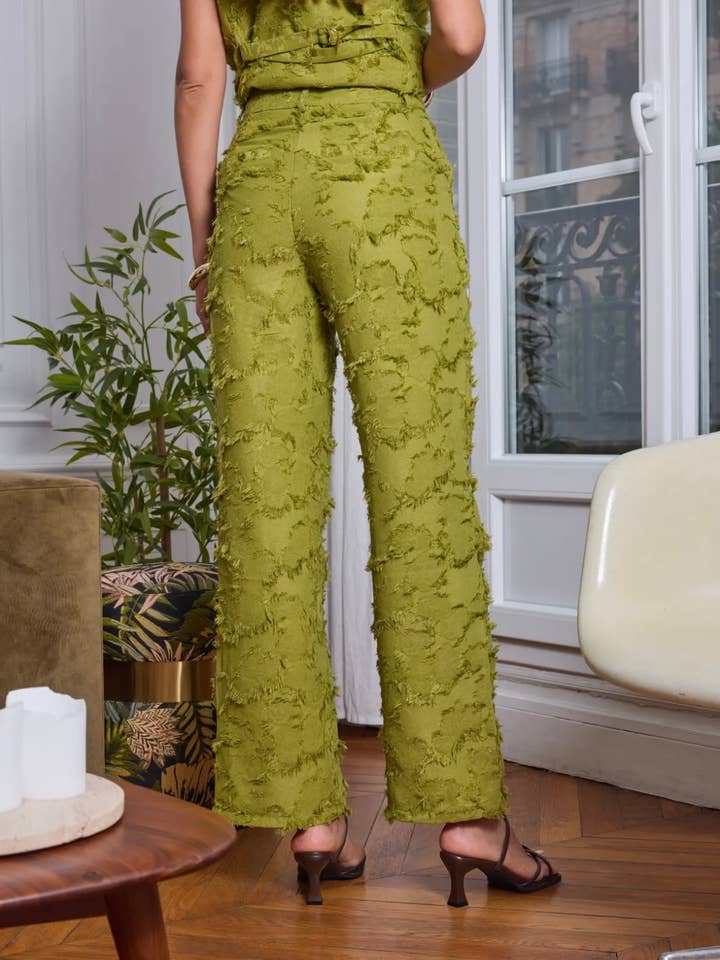 Frime – Großhandel Hose – Damen – Texturierte, gerade geschnittene Hose mit Fransen-Effekt - 56604