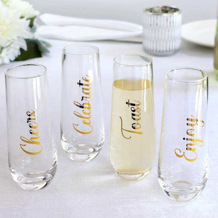 Lillian Rose – wholesale Champagne flute – Lillian Rose 4 Stemless Champagne Glasses-Celebration saying3