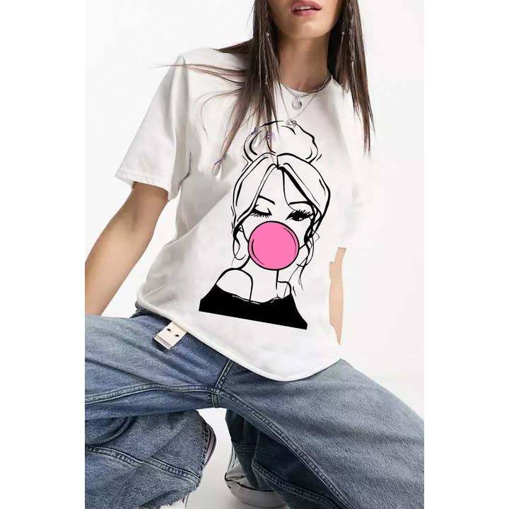Nobrand – Großhandel T-Shirt mit Siebdruck – Damen – BUBBLE FACE GRAFIK-T-SHIRT FÜR DAMEN1