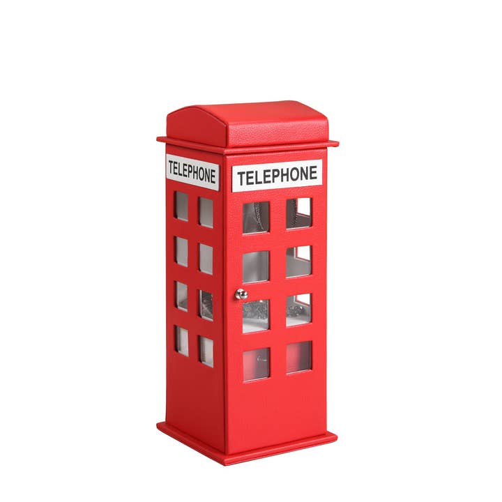 12" Red And White Faux Leather Telephone Booth Jewelry Box for wholesale by HomeRoots