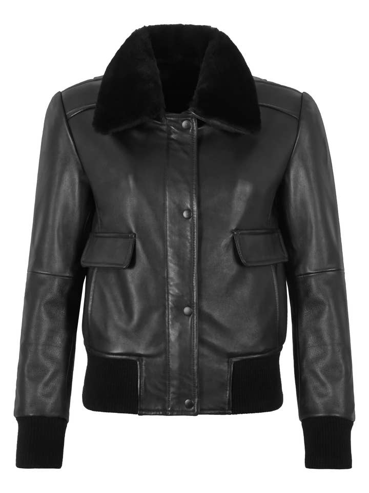 Black Nappa Leather Aviator Flight Jacket with Fur Collar for wholesale by Smart Range Leather