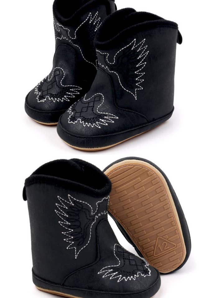 Black pleather baby boots with velcro. MY3167B for wholesale by Kids Charm Online