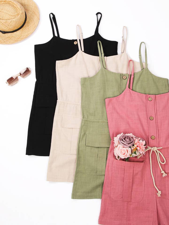 VERY J - Wholesale Romper - Women's - NP70446-Button Down Solid Woven Romper