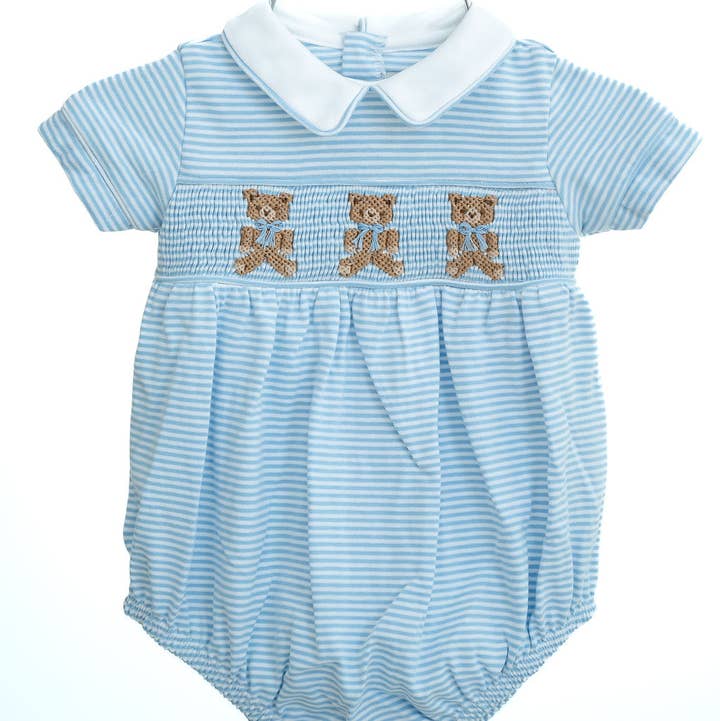 Ruth and Ralph - Wholesale Jumpsuit - Baby - Blue Teddy Bears Smocked Pima Cotton Bubble