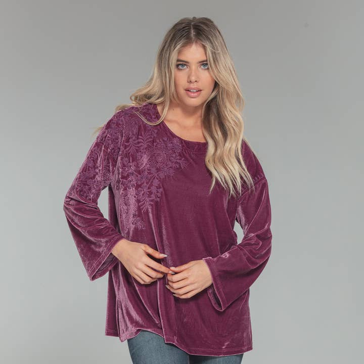 Paparazzi By Biz - Wholesale Blouse - Women's - 1321-MAT Stretch Velvet Tonal Embroidered Shoulder Top