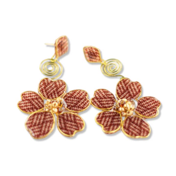 Maroon Retro Plaid Stud Spiral Dangles for wholesale by Perennial Peaces
