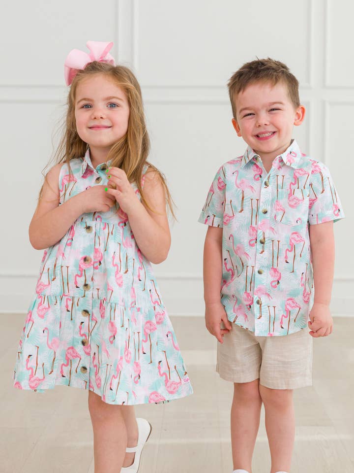Multi Color Boys Vibrant Flamingo Short Sleeve Button Down Shirt for wholesale on Faire
