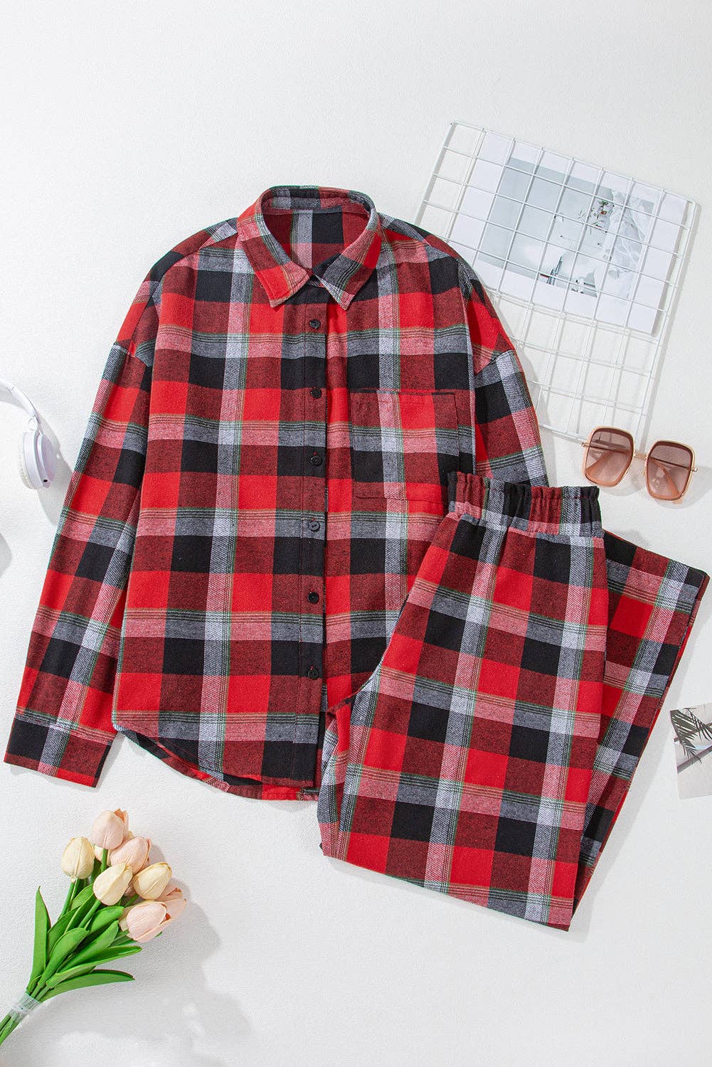Red LALALOO Christmas Plaid Shirt and Pants Lounge Set for wholesale on Faire0