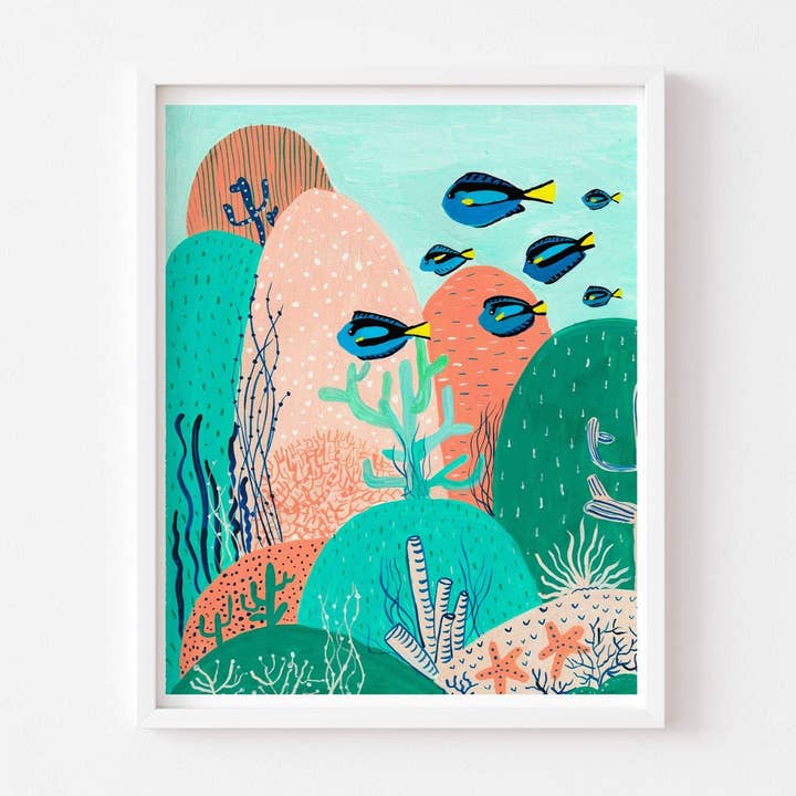 Impression artistique vibrante Blue Tangs pour la vente par Nabeela Rumi