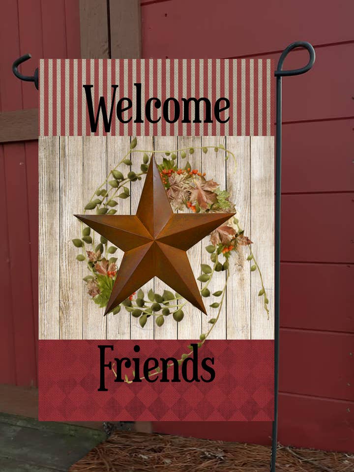Bienvenue amis Drapeau de jardin Rusty Star pour la vente par Happy Cow Lawn Decor