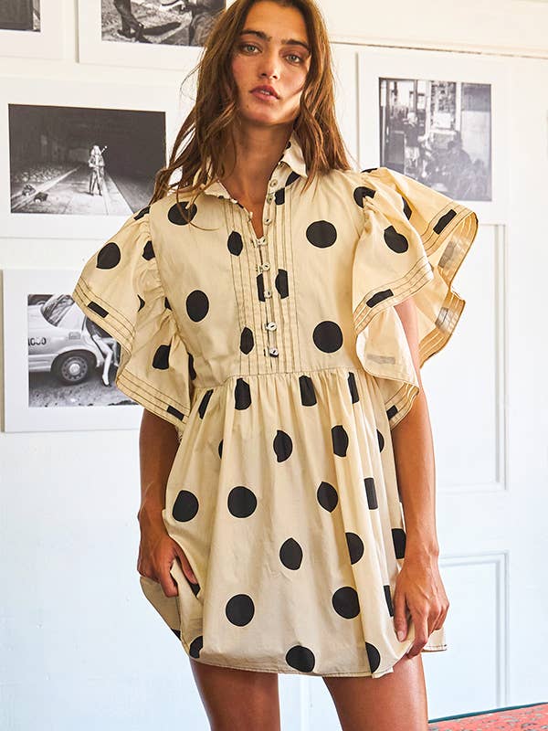 BUCKETLIST - Wholesale Dress - Women's - ID4283 Ruffle Sleeve Pintuck Detail Polka Dot Mini Dress
