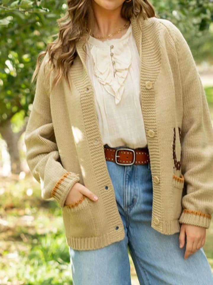Pink Pineapple - Wholesale Cardigan - Women's - Varsity Chunky Horse Cardigan-Camel