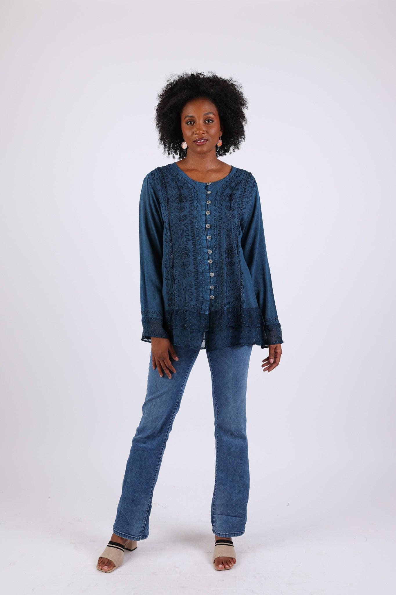 Sacred Threads - Wholesale Button Down Shirt - Women's - Vintage Fall Boho Stonewashed Top: Embroidered Shirt7