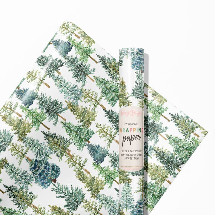 KelseyMDesigns - Wholesale Wrapping Paper Roll - Evergreen Christmas Trees Wrapping Paper - 3 Sheet Roll