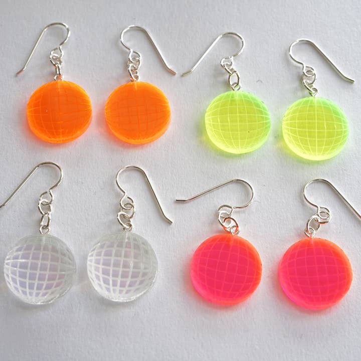 Laser Cut Acrylic Disco Ball Earrings for wholesale by Design WhatHaveYou