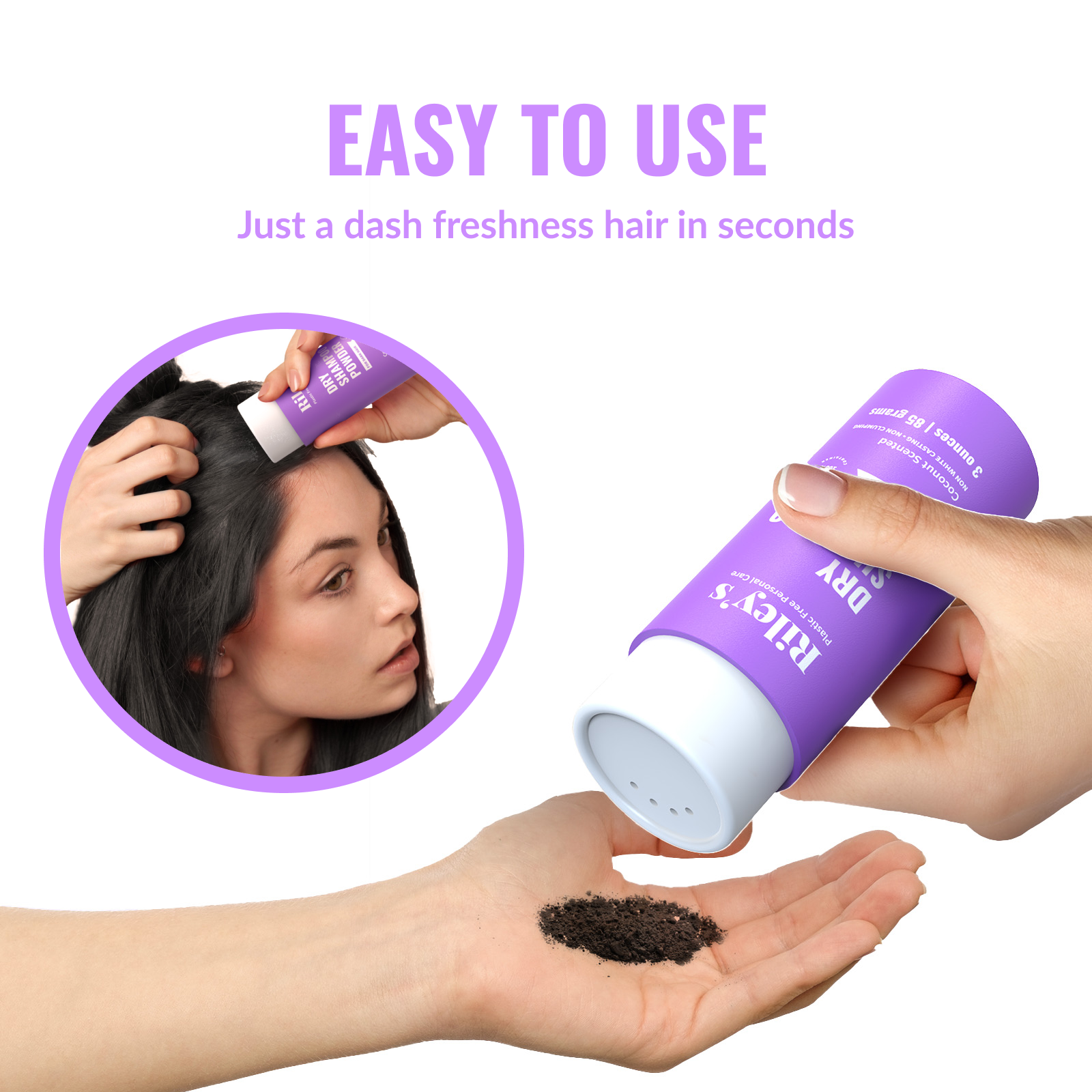 Riley's Plastic Free – Champô seco por atacado – Champô Seco em Pó Sem Plástico de Riley (Escuro 1.5oz)4