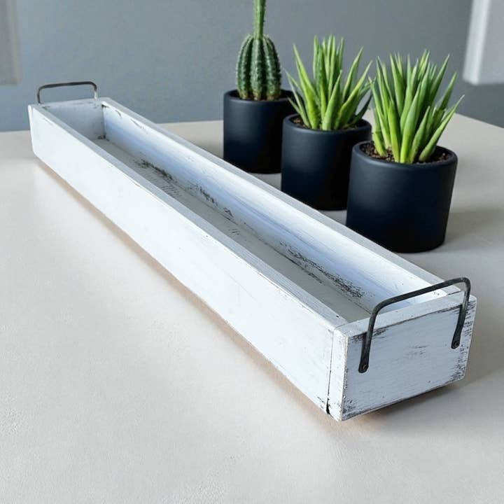 36" Pine Wood Tray, with Hand-Forged Metal Handles – White for wholesale by My Grounded Living