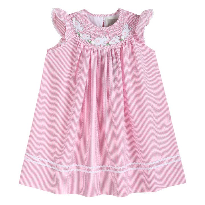 Lil Cactus - Wholesale Dress - Kids - Pink Seersucker Running Bunnies Smocked Bishop Dress