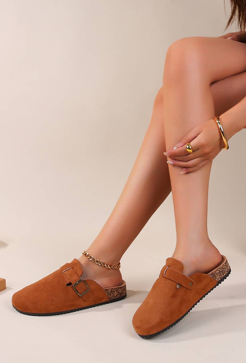 Camel Suede mules with cork effect sole and bri, LB510-122 for wholesale on Faire0