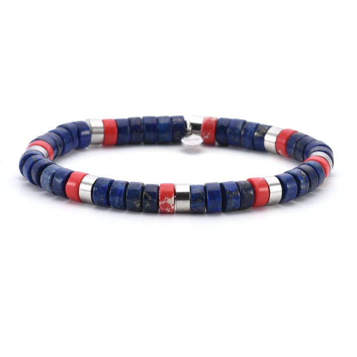 Bracciale in acciaio perline heishi 6mm pietra lapislazzuli e diaspro rosso per la vendita all'ingrosso da parte di SIXTY STONES
