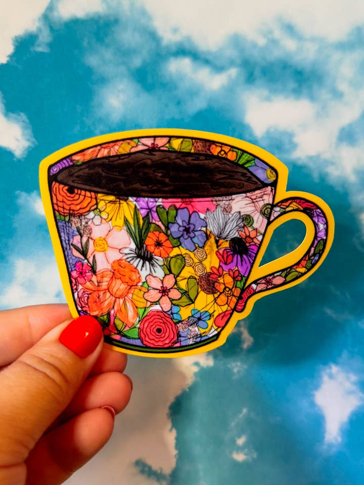 Floral Coffee Mug Sticker for wholesale by Sharp Thoughtlings