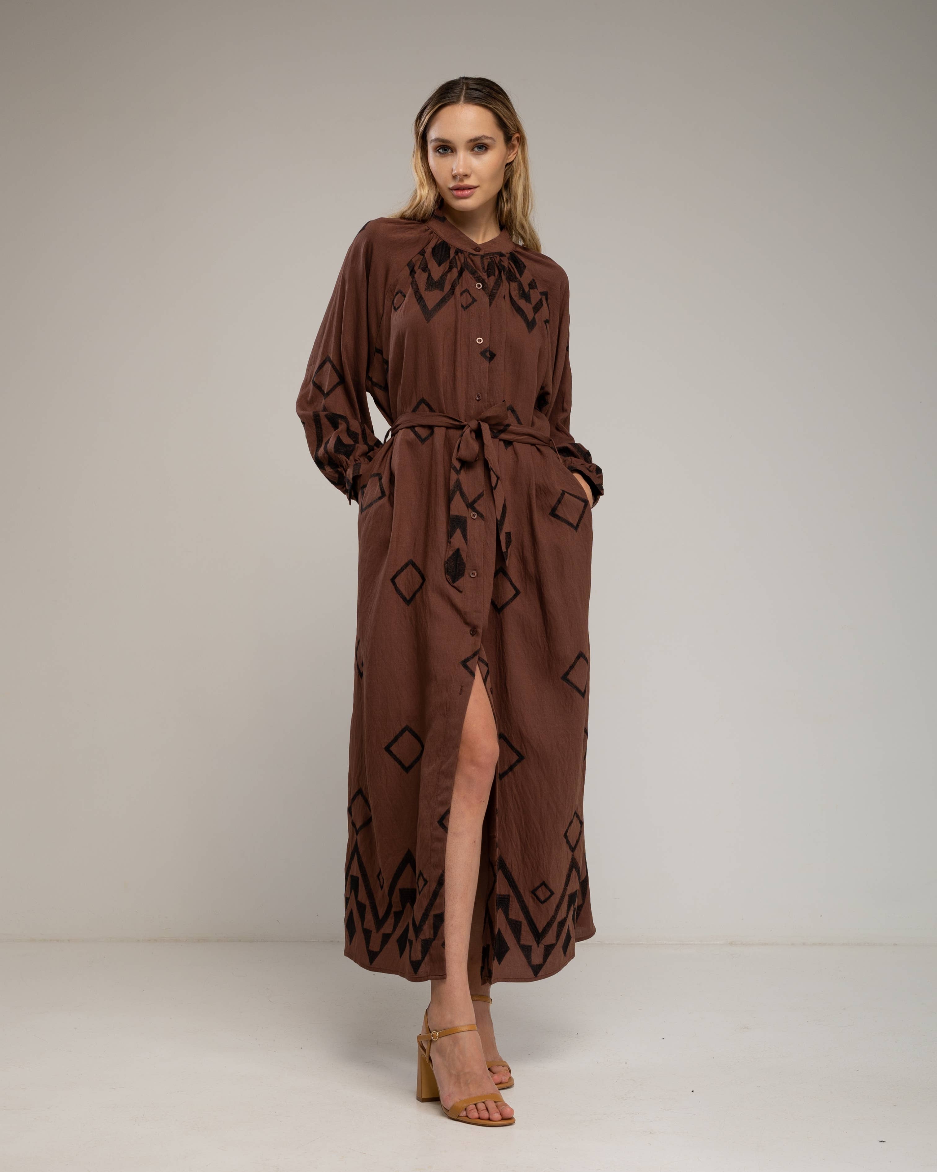 Brown Shirt dress with mandarin collar for wholesale on Faire1