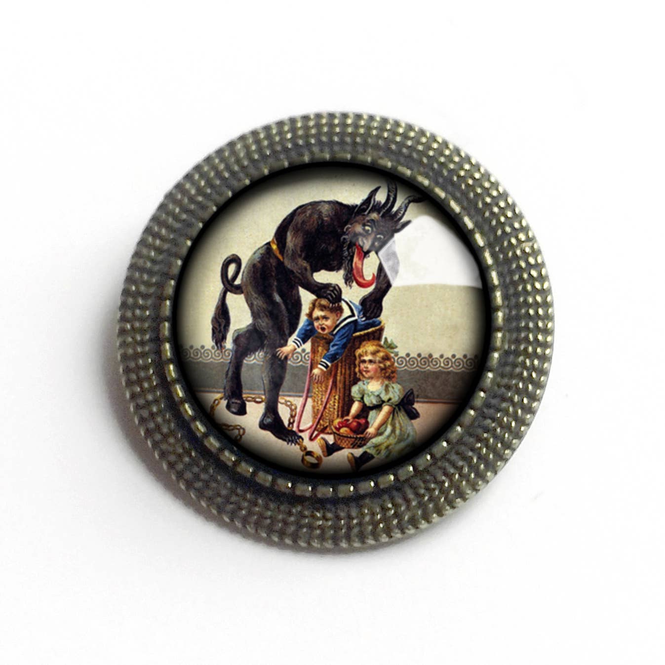 The Divine Iguana - Wholesale Brooch - Krampus With Naughty Child in Barrel Goth Holiday Brooch1